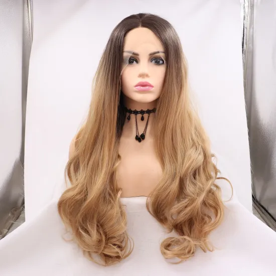 Wholesale Cheap Curly Long Ombre Brown Color Dark Root Natural Wave Women Full Lace Fiber Synthetic Hair Wigs Heat Resistant