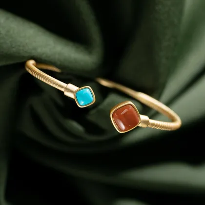 South Red Agate Inlaid With Turquoise Silver Bracelet