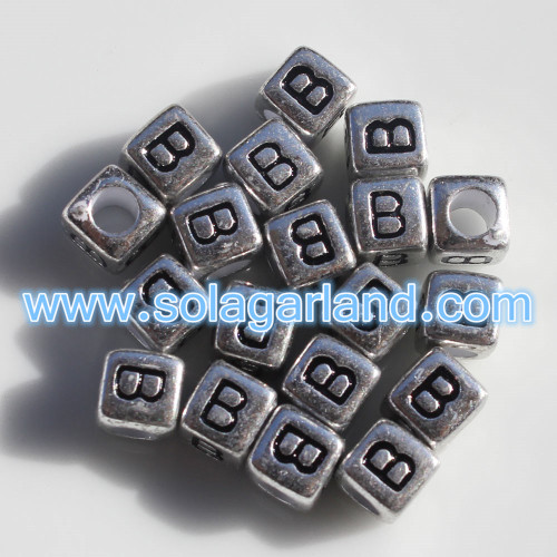 6MM Antique Silver Alphabet Cube Beads Single Letter Square Beads