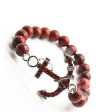 Красная яшма 8 мм круглые бусины стрейч gemstone браслет с Диаманте сплава якорь кусок 