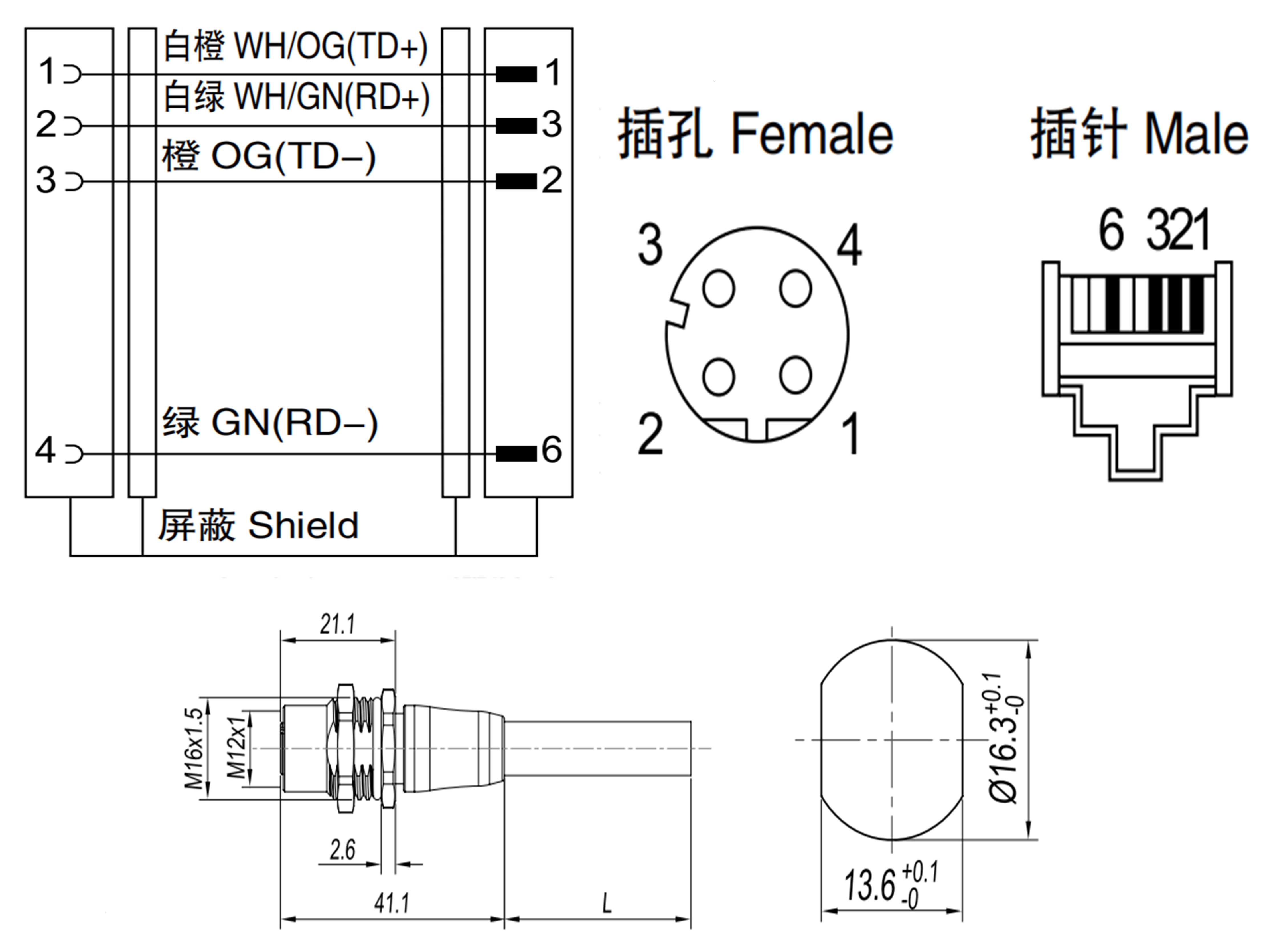 M12 Female to RJ45 pre-wires installation cable