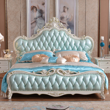European Genuine Leather Solid Wood French Luxury Carved Princess Wedding Bed