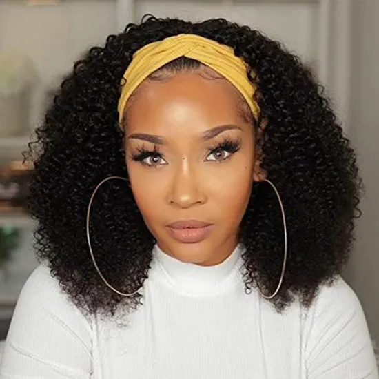 High Quality 14Inch African Wrap Hair Style  Afro Kinky Curly Wig With Pre-attached Scarf Black Women Synthetic Headband Wigs