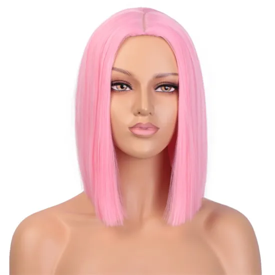 Vigorous Pink Wig Synthetic Straight Hair Middle Part Shoulder Length Bob Wigs for Women Colorful Fashion Bob Wigs