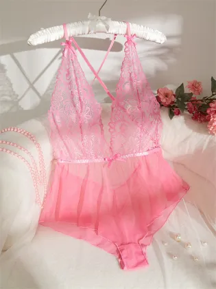 New Pink Tender Girl Sexy V-Neck Beautiful Back Mesh One-Piece Lingerie