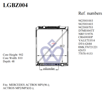 Mercedes truck radiator, 9425001003, 9425001603, 9425000703, 62653, LGBZ004