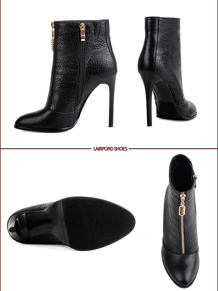 Fine serpentine black zipper closed ladies boots