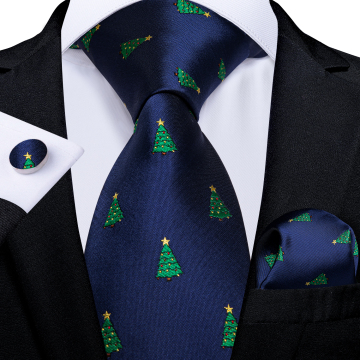 2020 New Christmas Tree Print Blue Men's Silk Ties Festival Party Necktie Pocket Square Cufflinks Set Cravat Men Gift DiBanGu