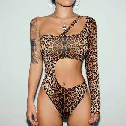 Asymmetric Design Women Leopard Print One-piece Swimsuits