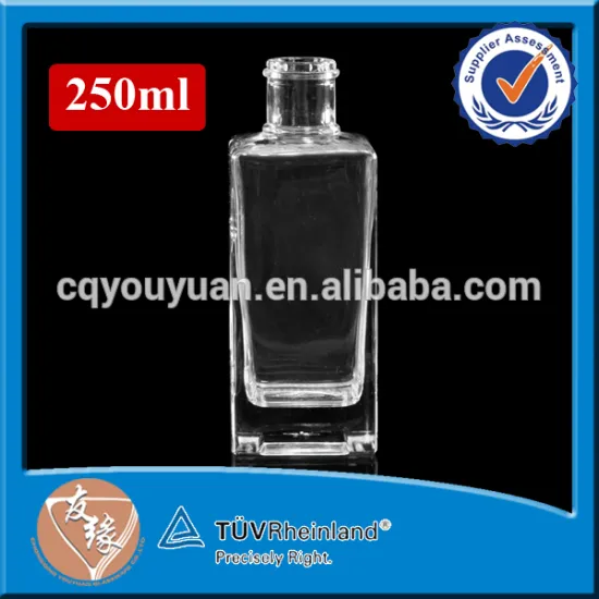 Custom made high quality fancy glass square liquor bottle in 250ml