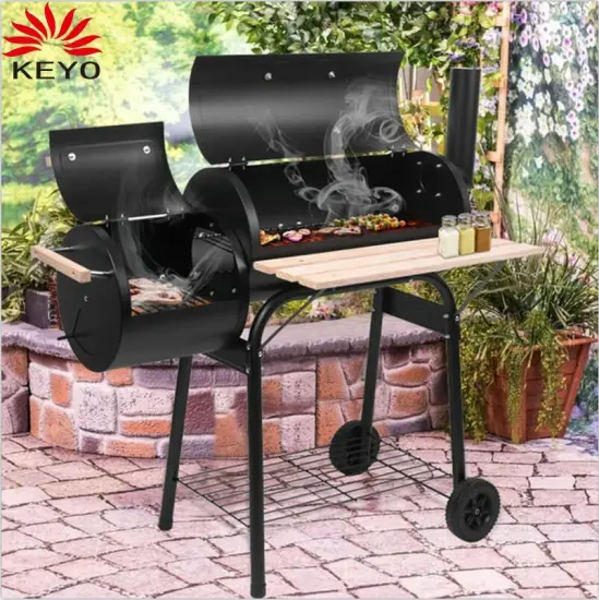 Hot sale trolley baerbeque charcoal wood BBQ grill smoker with chimney