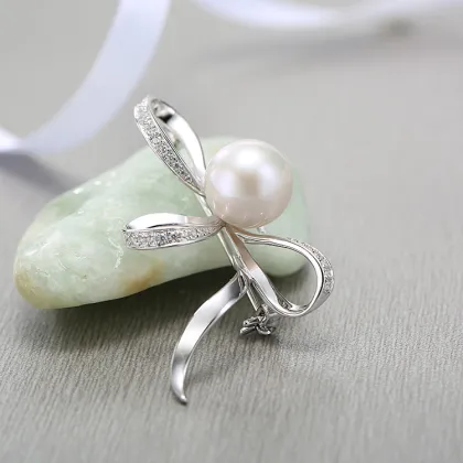 Wholesale Quality 925 Silver Bowknot Pearl Brooch Jewelry