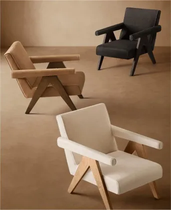 Modern Oak Wood Armchair with Leather Upholstery - Pierre Jeanneret Style from Chandigarh
