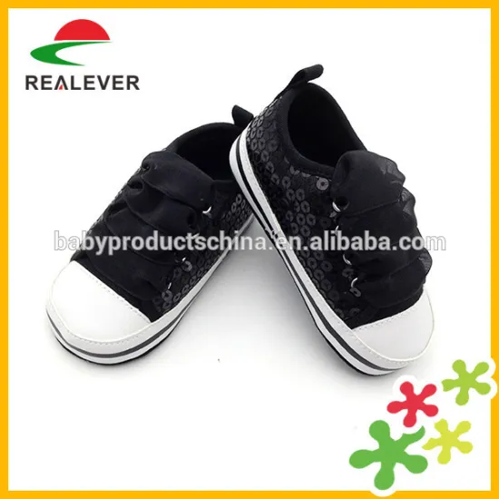 Black satin lace sequin upper hand made cotton yarn baby shoes