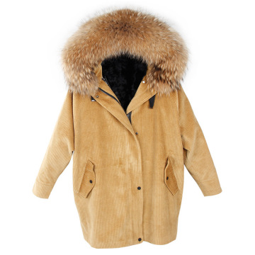 OEM ODM Long Corduroy winter faux fur lining jacket coat Women parka fur coat Corduroy real raccoon fur collar warm parkas