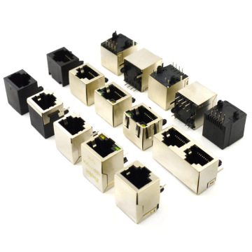 RJ45 Netwerkinterface Socket - 8p8c vrouwelijke connector met lamp, transformatorscherming, hoeken van 180/90 graden, PCB Mount