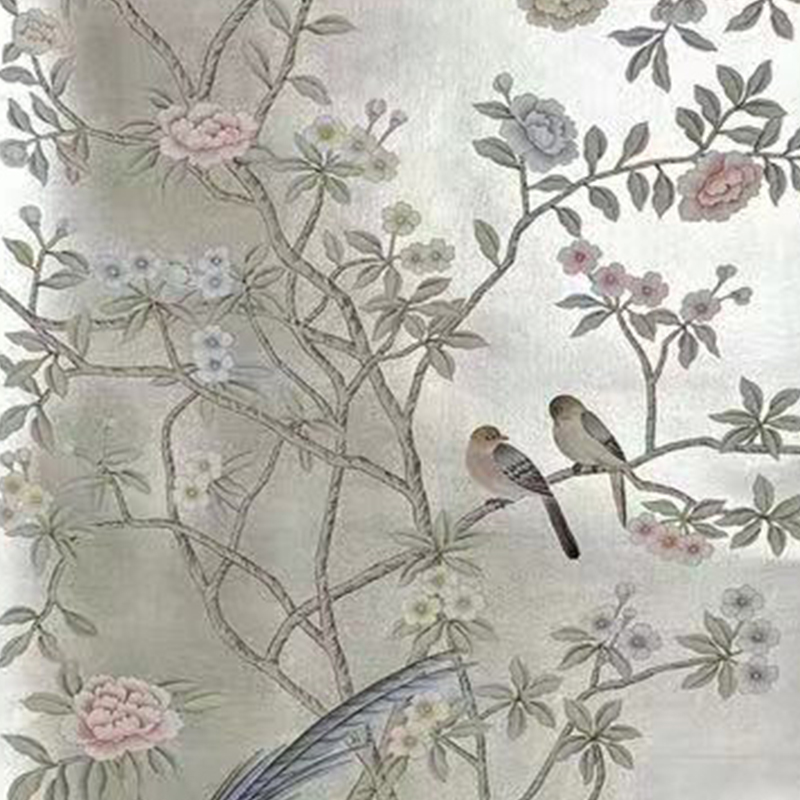 Flower and bird Silver-gray hand-painted wallpaper