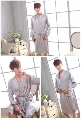 Men's long faux silk robe nightgown sleepwear