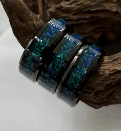 Black Tungsten Ring with Galaxy Opal Green Opal - Men's Wedding Band