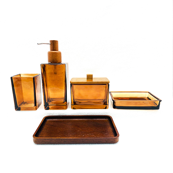 Square brown bath set glass bottle