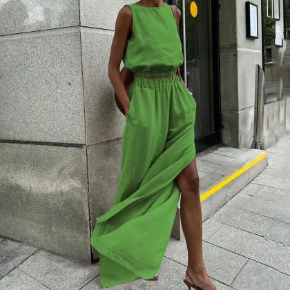 Summer Casual Cotton Linen Green Pants and Sleeveless Top Sets for Women 2024