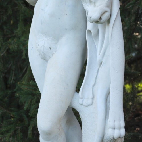 Italian Marble Faun Sculpture Flute and Lion Pelt