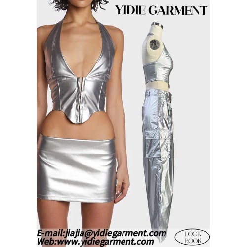 100% PU Stretch Silver Corset Halter Neck Top