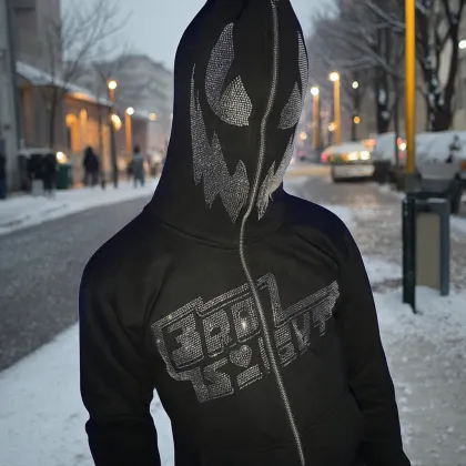 Verified Manufacturer Custom Full Zip Up Rhinestone Demon Face Hoodie