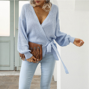 Lantern Sleeve Wrap VNeck Sweater Pullover