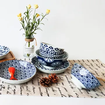 High quality porcelain soup bowl japanese ramen bowls salad bowl white and blue 6inch and 4.5inch