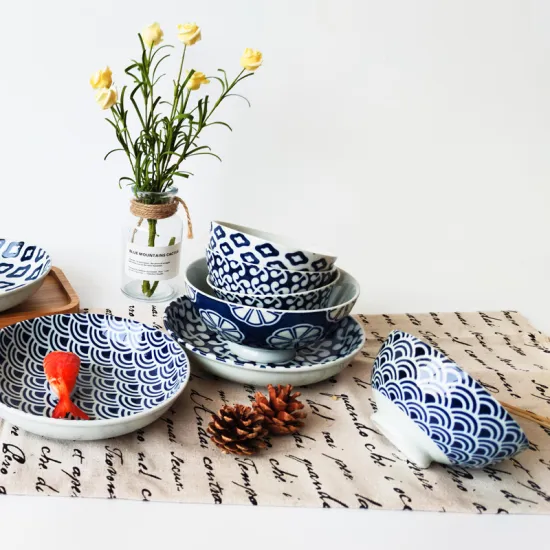 High quality porcelain soup bowl japanese ramen bowls salad bowl white and blue 6inch and 4.5inch