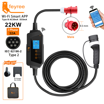 Feyree 22KW 32A 3Phase Portable EV Charger with Wi-Fi APP Control