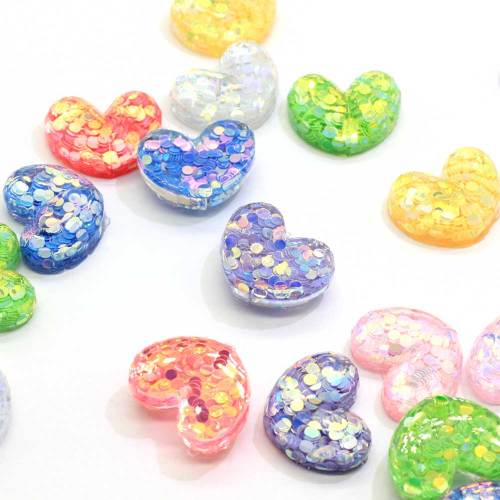 100Pcs New Mix Colors Glitter Filled Resin Heart Flatback Cabochon For DIY Phone Craft Decoration