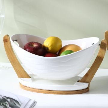 Fast Dispatch In-Stock Marble Gold White Ceramic Fruit Salad Bowl with Bamboo Stand for Hotel Kitchen