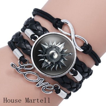 Game of Thrones Stark Wolf Glass Domed Logo Braided Leather Bracelet