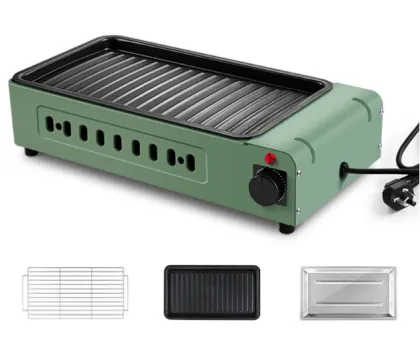 Green Smokeless Portable Electric BBQ Pan: Non-Stick Indoor Grilling Korean Grills