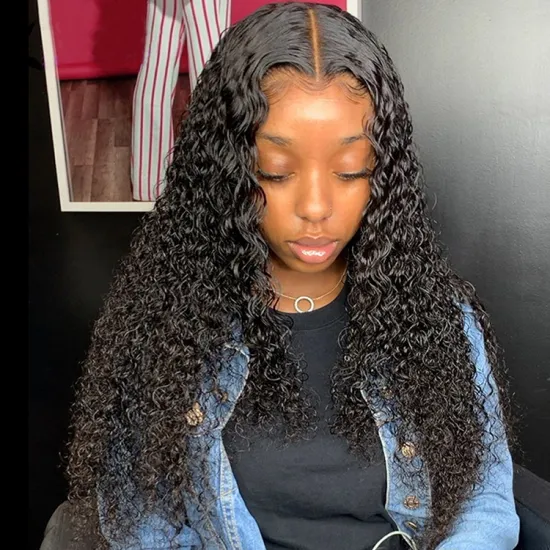 Guangzhou Wig vendors wholesale brazilian Virgin hair wigs for black women natural black curly T part wigs human hair lace front