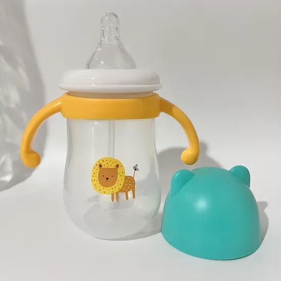 OEM Cartoon Bear Design Baby Bottle with Wide Mouth and Silicone Nipple