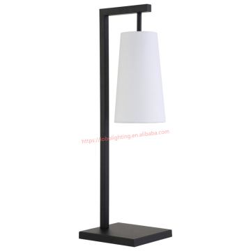 Simple American Matt Black Iron Table Lamp with Linen Drum Shade for Hotels and Bedrooms