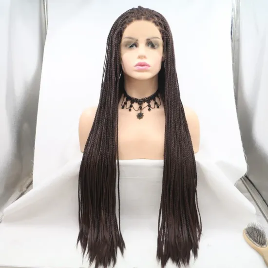 Long straight black cheap wholesale high guality heat resistant synthetic braided wig with lace front