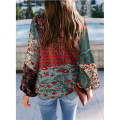 Women's Chiffon Boho Print Puff Sleeve Shirt