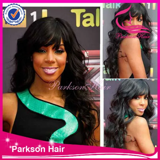 Fashion style long body wave with bangs natural color top quality 130% denisty cheap 8-26inch natural hairline full lace wig