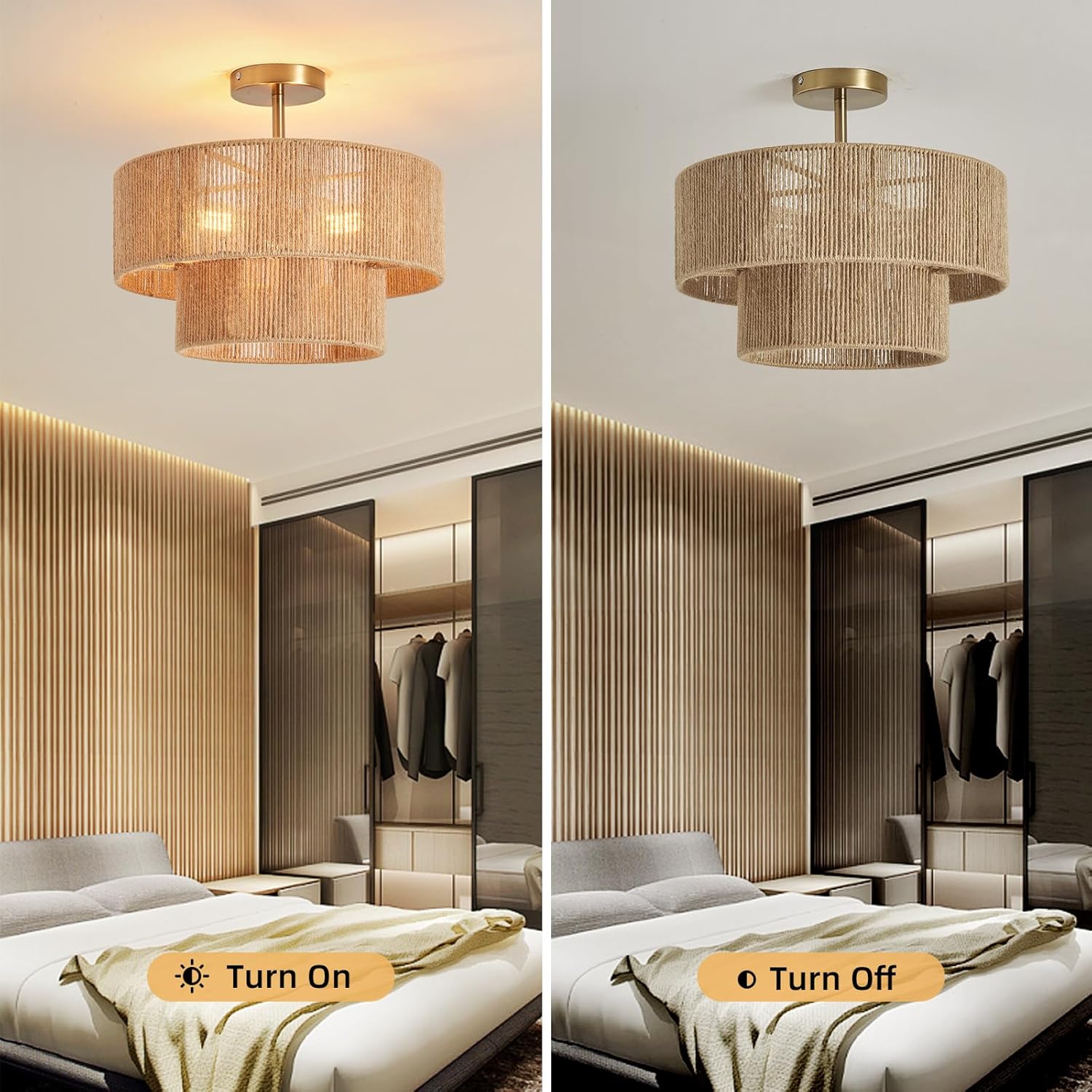 Boho Coastal rope With 2-Tier Drum Shade Farmhouse Chandelier Bedroom Semi Flush Mount Ceiling Lamp (16)