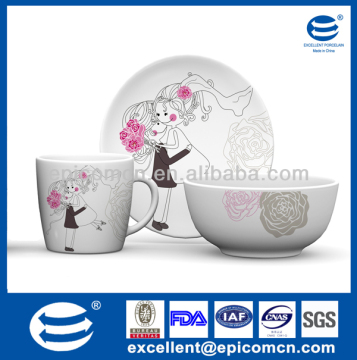 wholesale fashion design 3 pieces porcelain gift breakfast set for lovers