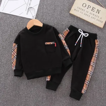 Children's spring and autumn clothes baby clothes set boy top + pants striped plaid baby clothes set kids