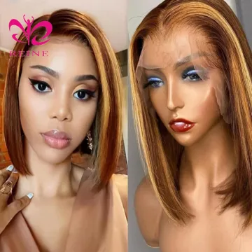Ombre Highlight Wig 13x4 HD Transparent Lace Front Wig Straight Bob Wig Brown Honey Blonde Short Bob