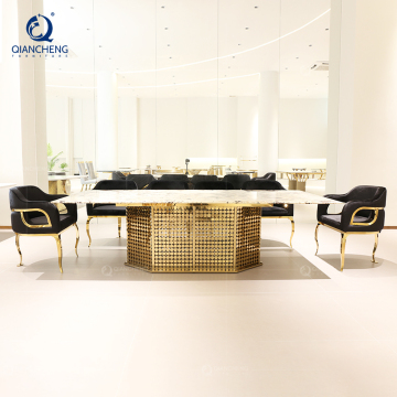 Mesa de comedor de acero inoxidable de lujo y top de mármol para 8-10 plazas