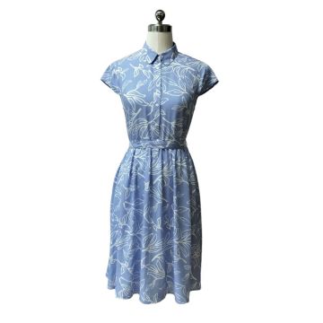 Leaf-print Belted Shirtdress In Blue