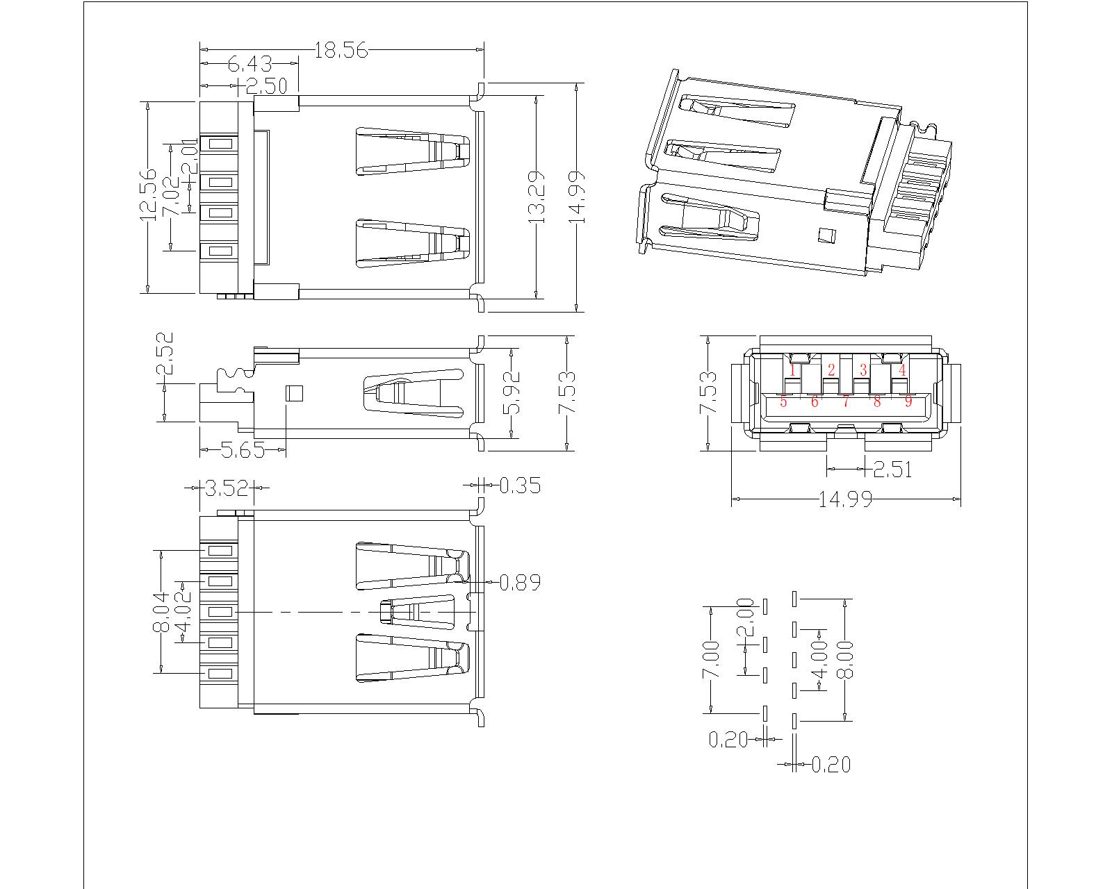 U3AFS02 USB 3.0 A Type Receptacle Solder