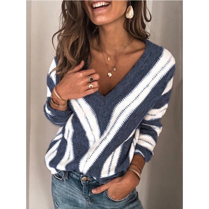 Women`s Fashion Long Sleeve Striped Knitted Sweater